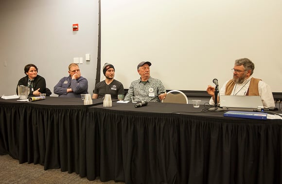 Pictured left to right: Hewn Bakery Co-Owner and Director of Baking Operations Ellen King; Janie’s Farm Owner Harold Wilken;  Publican Quality Bread Head Baker Greg Wade; Wild Hive Farm Owner Don Lewis; Lonesome Stone Milling Owner Gilbert Williams  Photo Credit: Barry Brecheisen